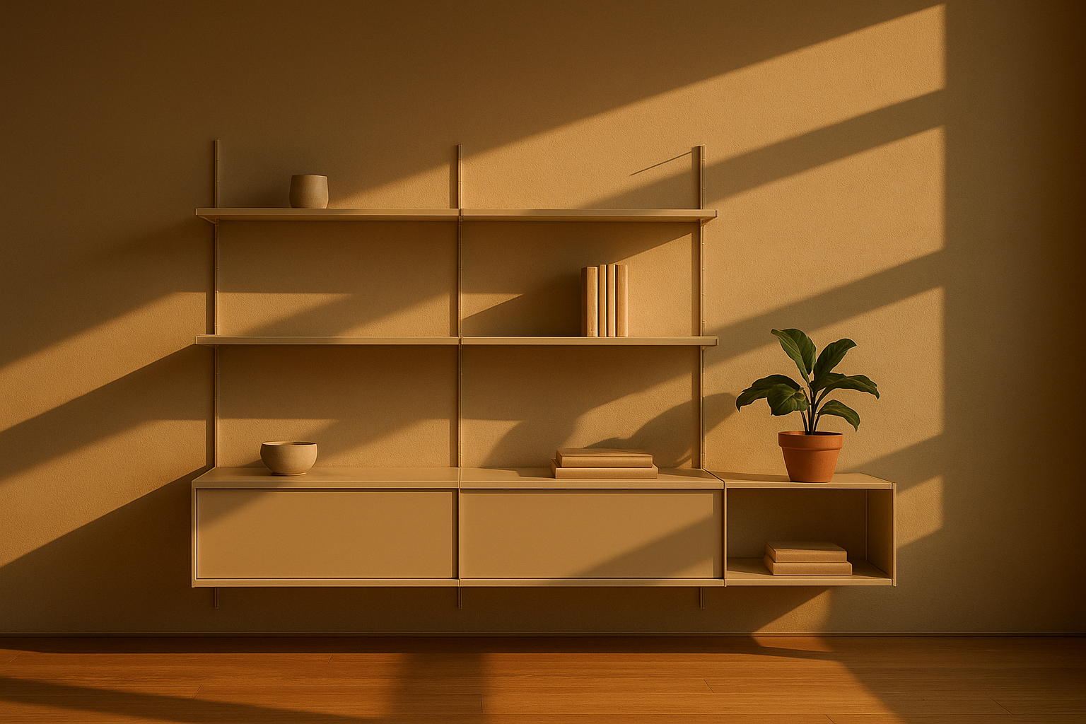 Warm modernist Swiss interior with shelving and objects