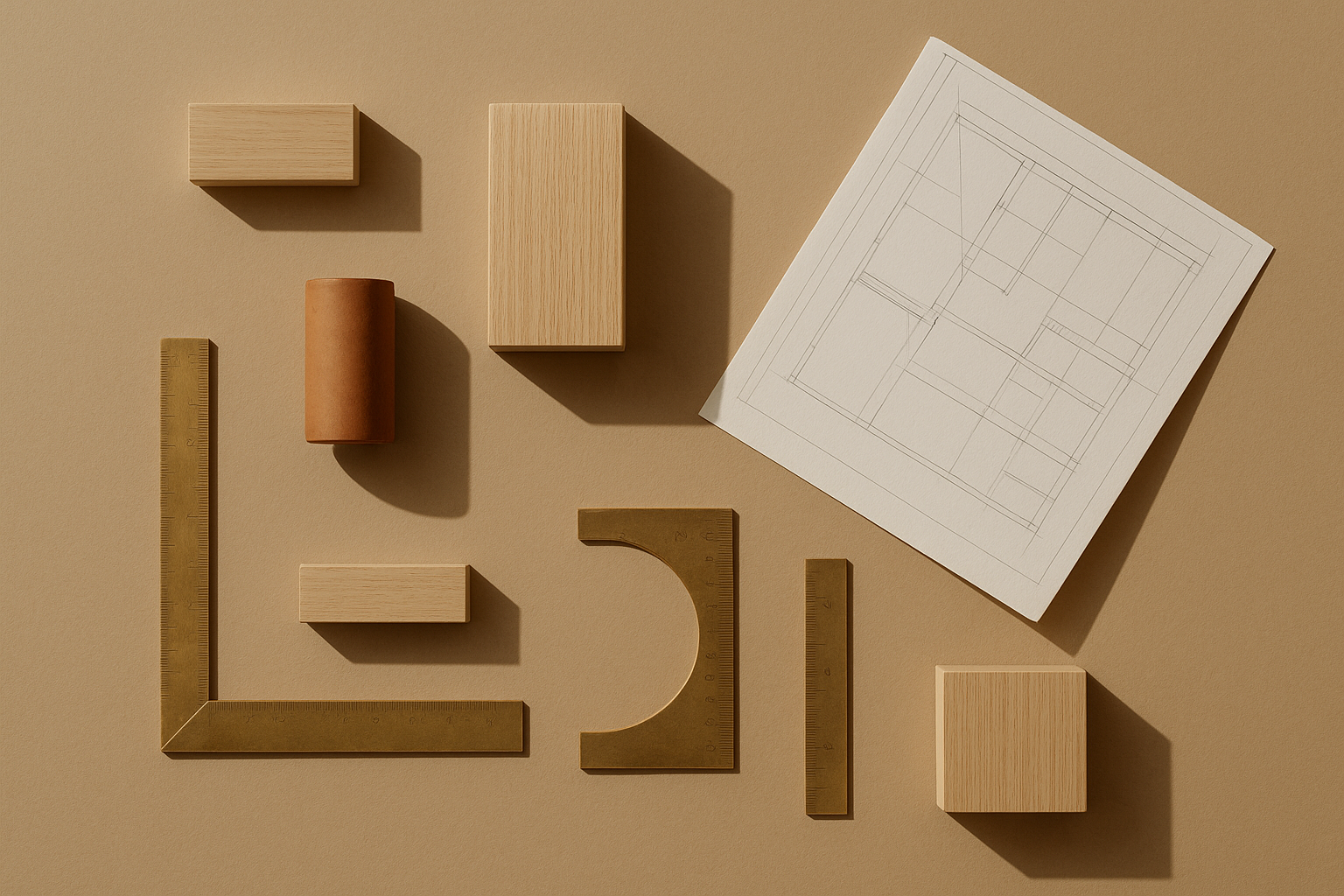 Editorial still life of architectural model components
